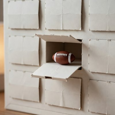 An open paper advent calendar door revealing a tiny toy football