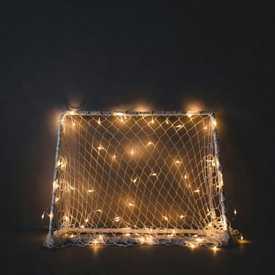 Warm fairy lights wound through a small white goal net against a plain dark wall
