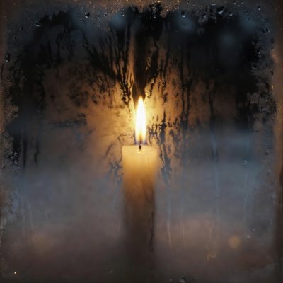 A single Christmas candle glowing behind a misty windowpane