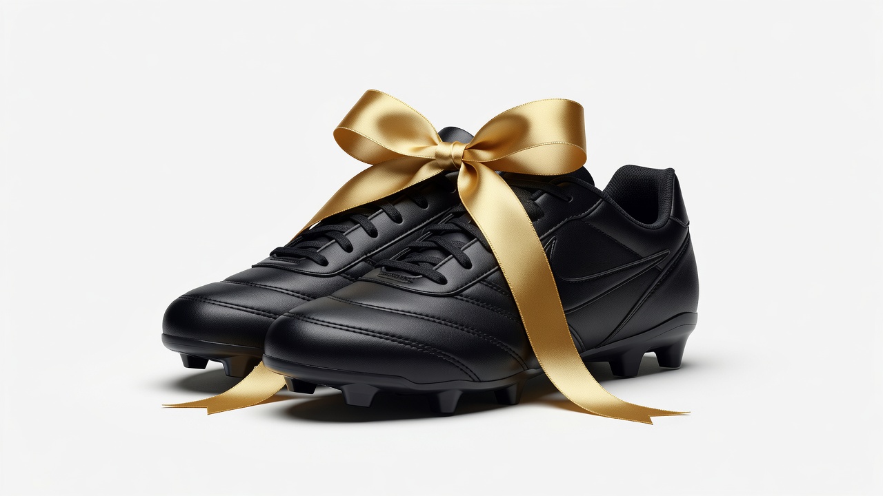 A pair of black football boots tied together with a gold ribbon on a plain white background