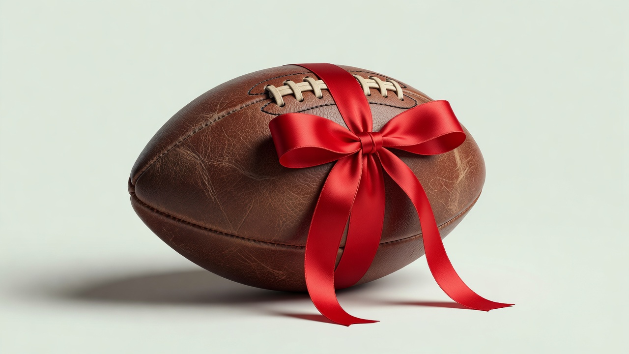 A worn brown leather football tied with a red ribbon on a plain pale background