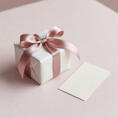 A ribbon-wrapped gift box beside a blank paper match ticket on a pale pink surface