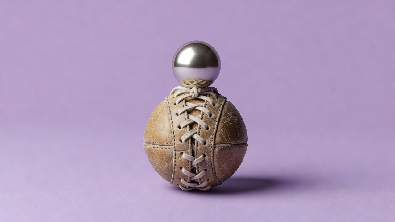A silver Christmas bauble balanced on a vintage laced match ball against a plain lilac background