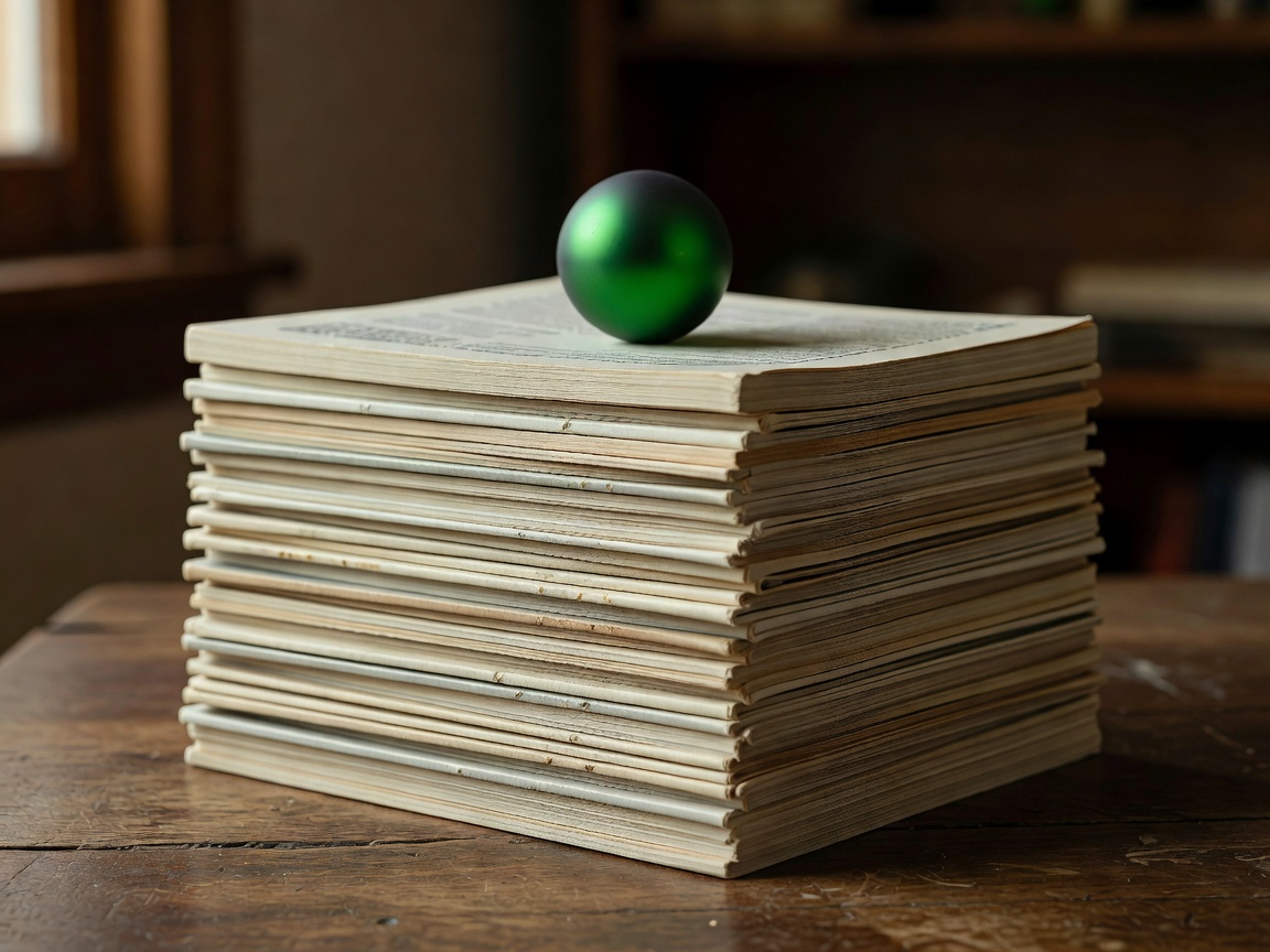 A neat stack of old paper football programmes topped with a single green bauble