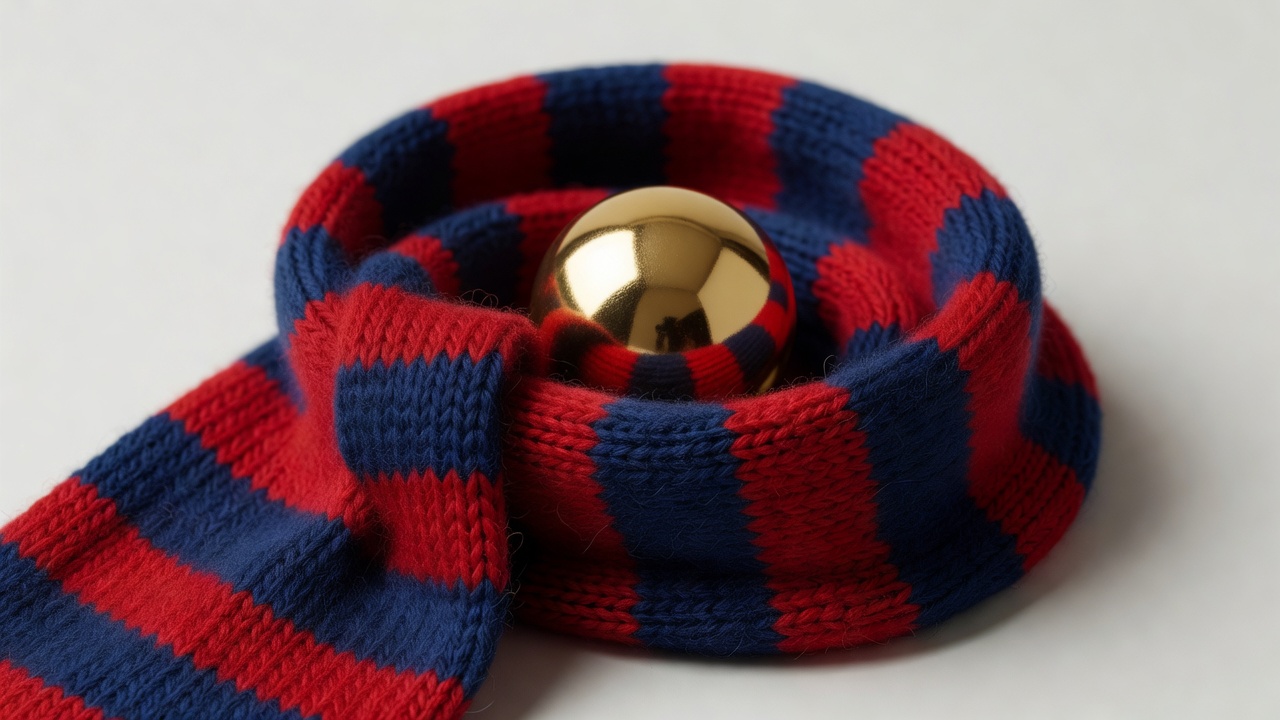 A striped wool football scarf coiled around a gold bauble in soft studio light